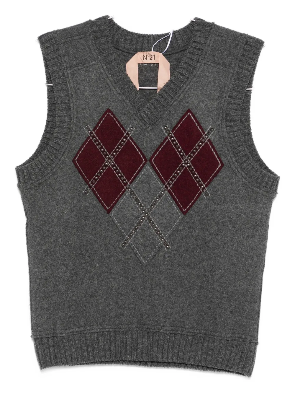 N°21 Stud-embellished Argyle-knit Vest In Gray