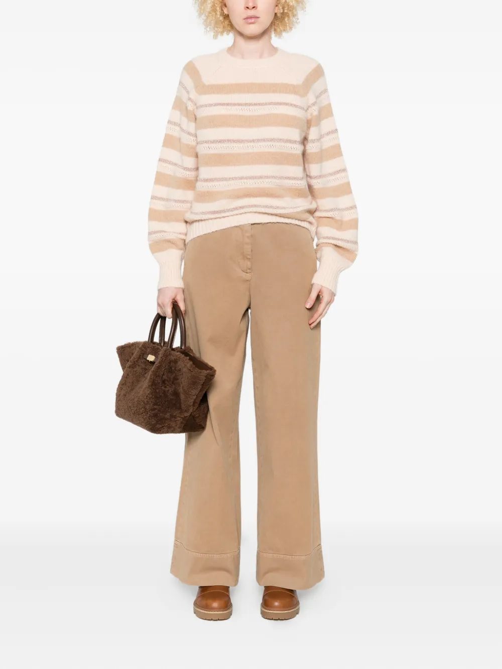 Twinset Beige And Cream Striped Knit Sweater In Multi