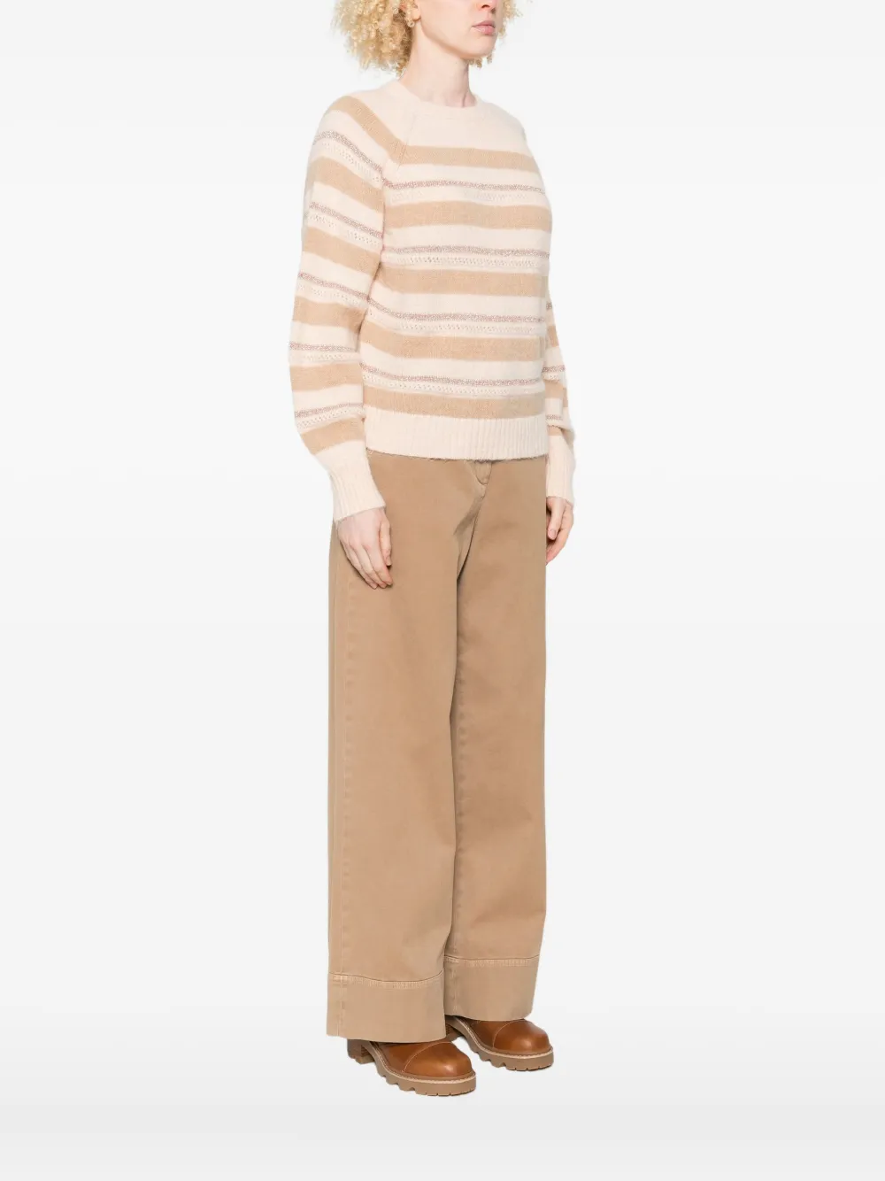 Twinset Beige And Cream Striped Knit Sweater In Multi