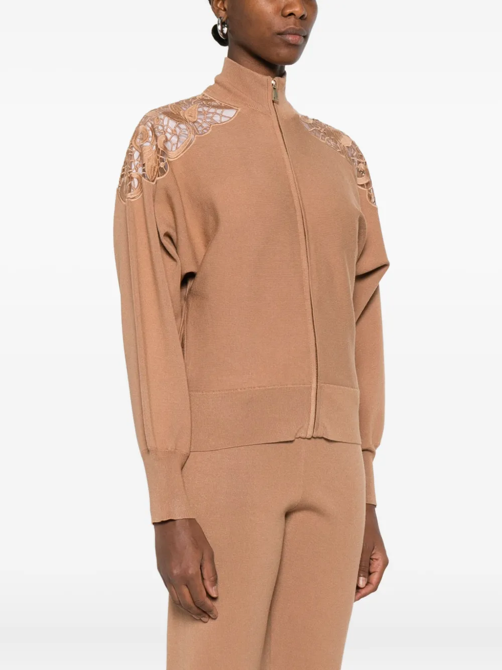 Twinset High Collar Lace Cut-out Coat With Ribbed Hem In Brown
