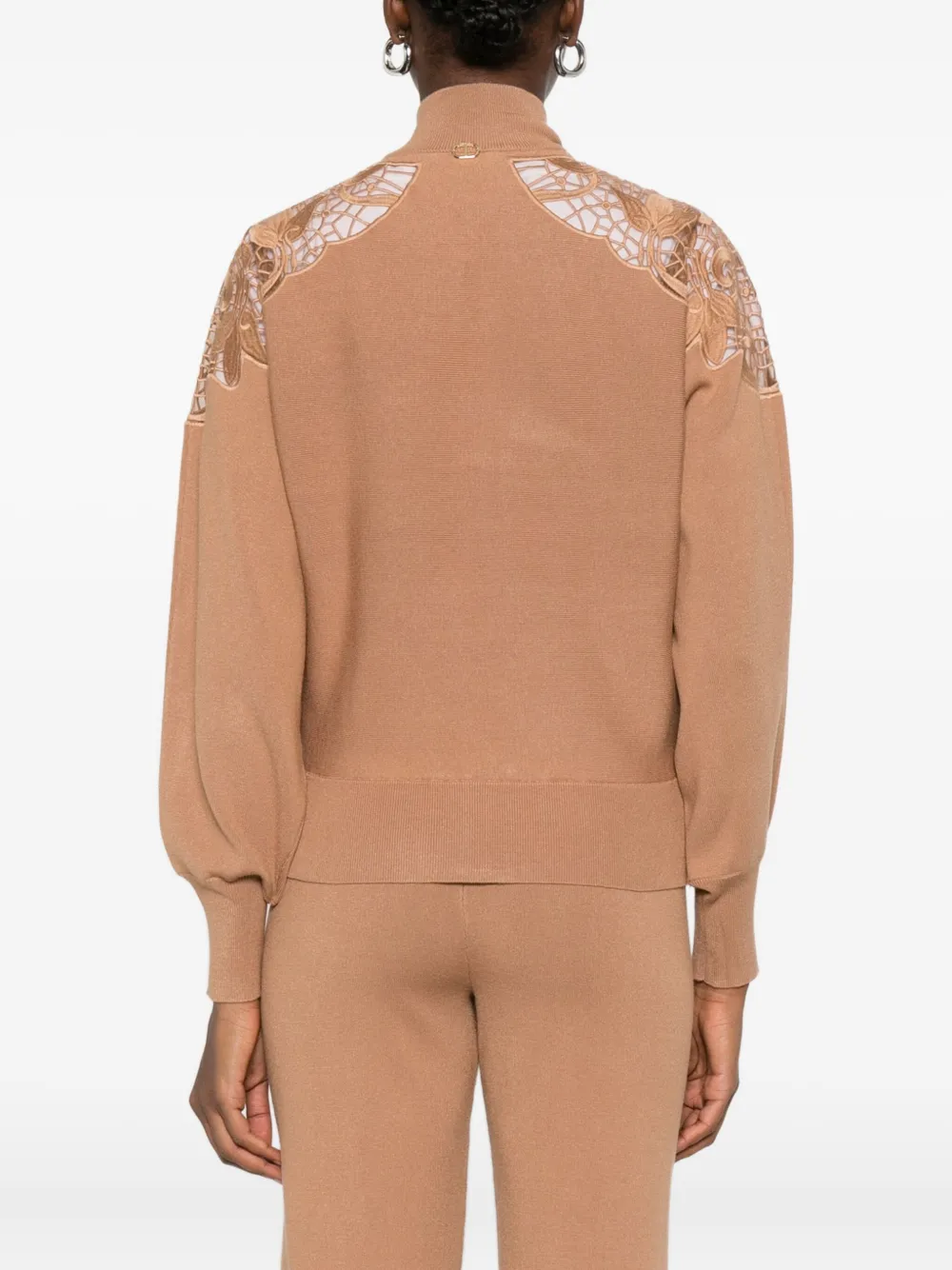 Twinset High Collar Lace Cut-out Coat With Ribbed Hem In Brown