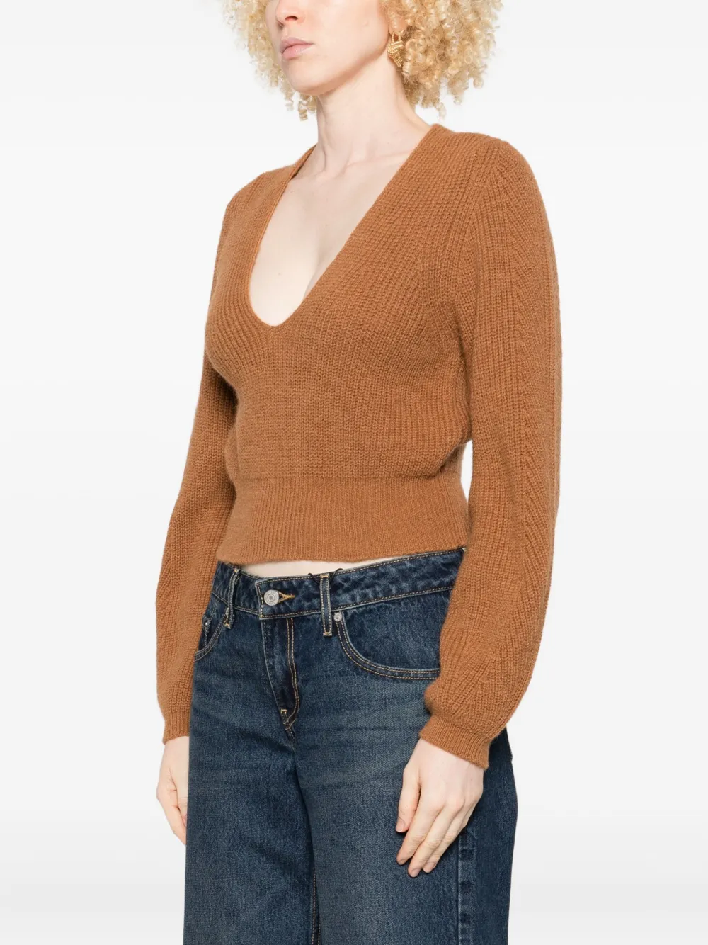 Twinset Cropped Sweater With Deep V-neckline And Ribbed Texture In Brown