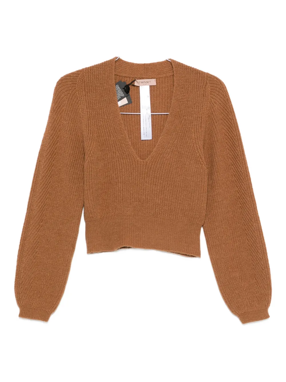 Twinset Cropped Sweater With Deep V-neckline And Ribbed Texture In Brown
