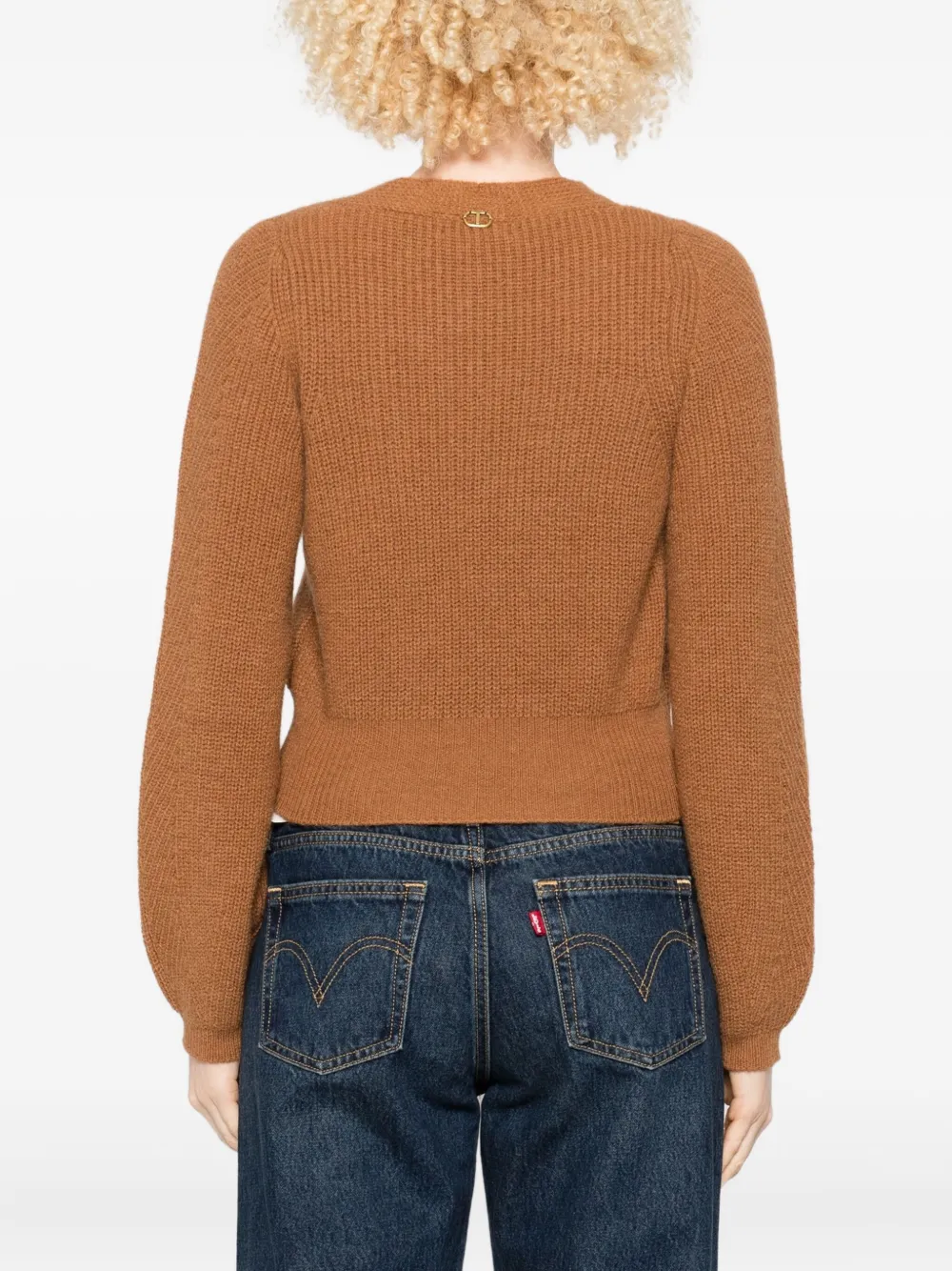 Twinset Cropped Sweater With Deep V-neckline And Ribbed Texture In Brown