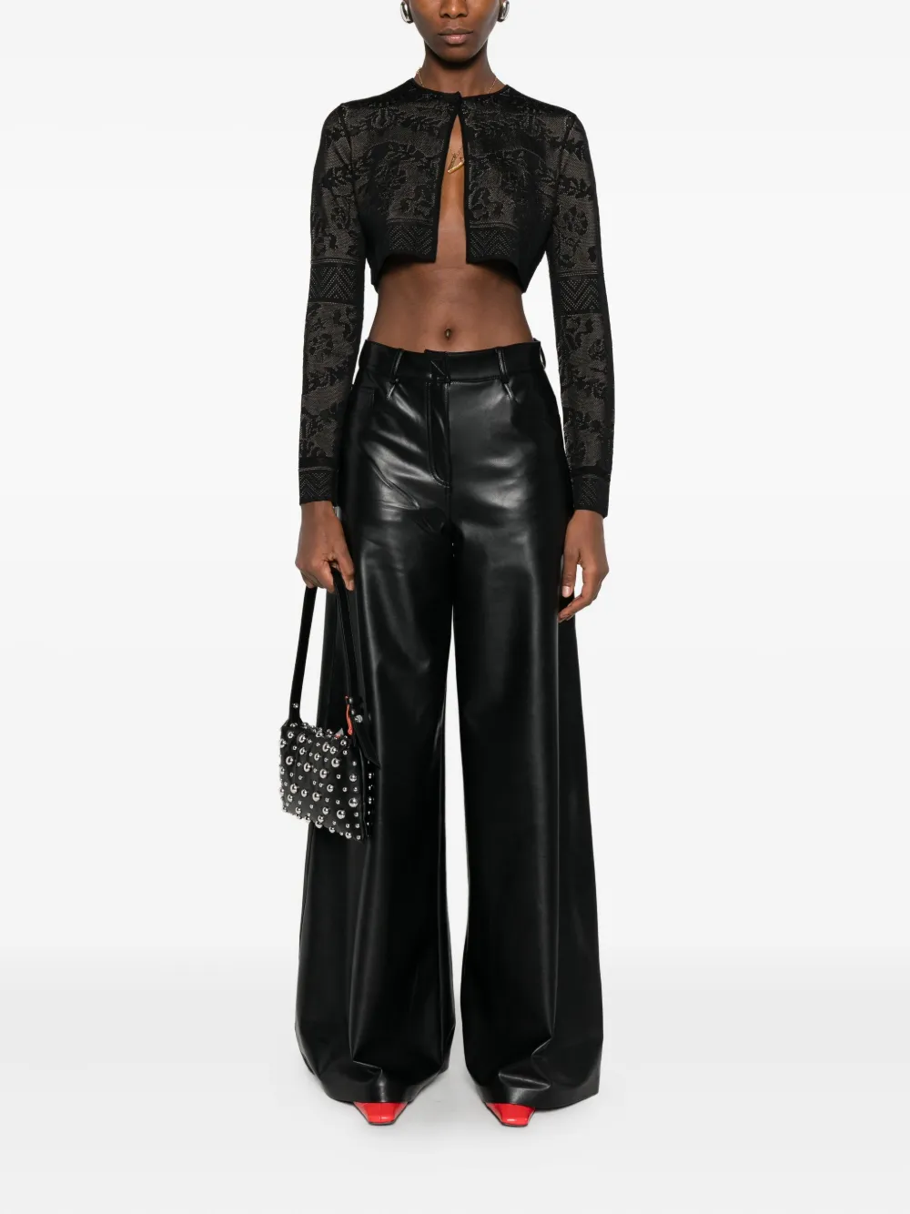 Twinset Cropped Sweater With Black Lace Overlay In Black