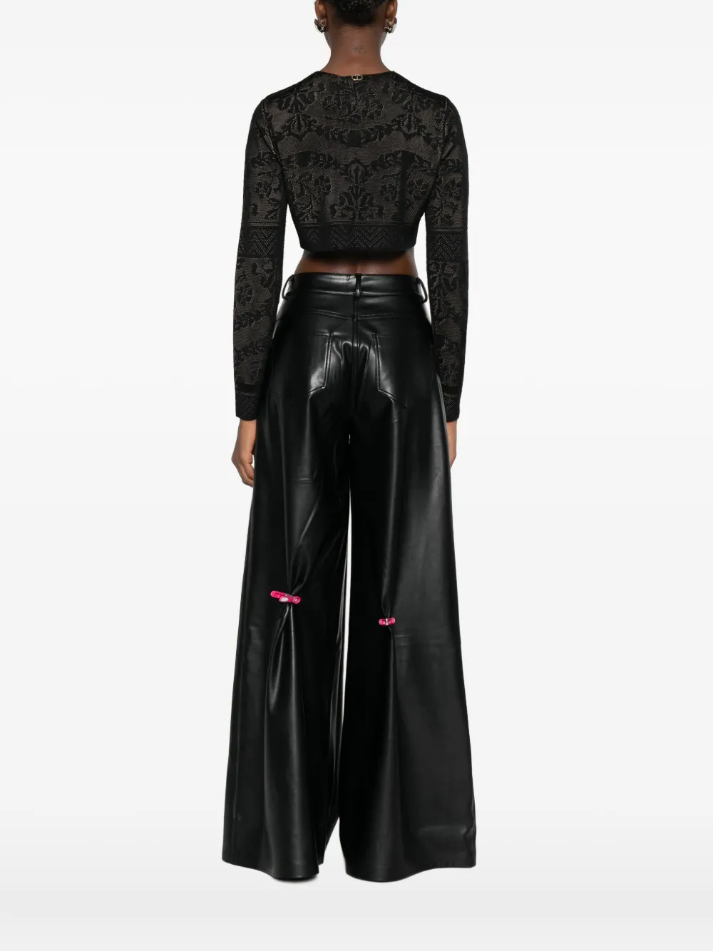 Twinset Cropped Sweater With Black Lace Overlay In Black