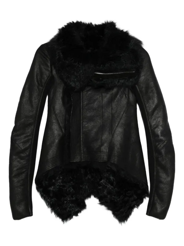 Rick Owens ブラック　レザージャケット　ムートン Rick Owens Jumbo shearling-trim Hooded Jacket | Black | FARFETCH
