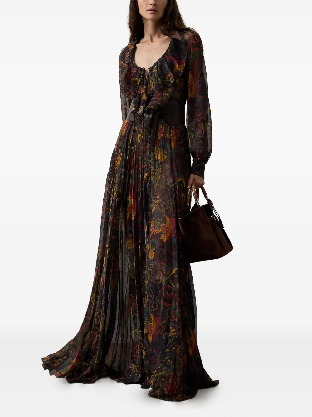 Ralph Lauren Collection pleated ruffle-neck maxi dress - Zwart