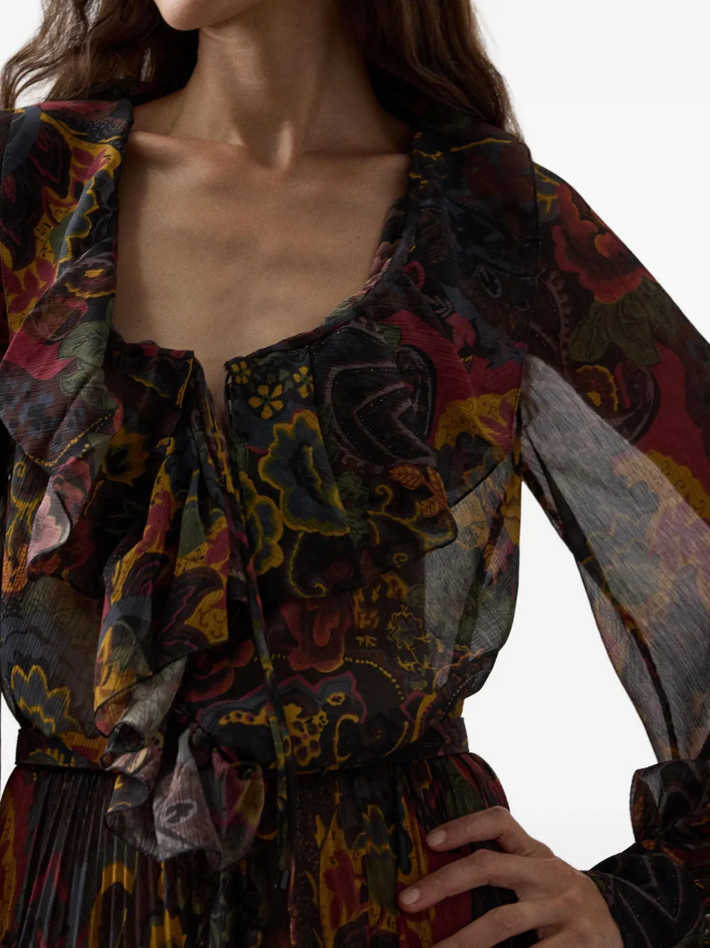 Ralph Lauren Collection Geplooide maxi-jurk met ruche hals Zwart