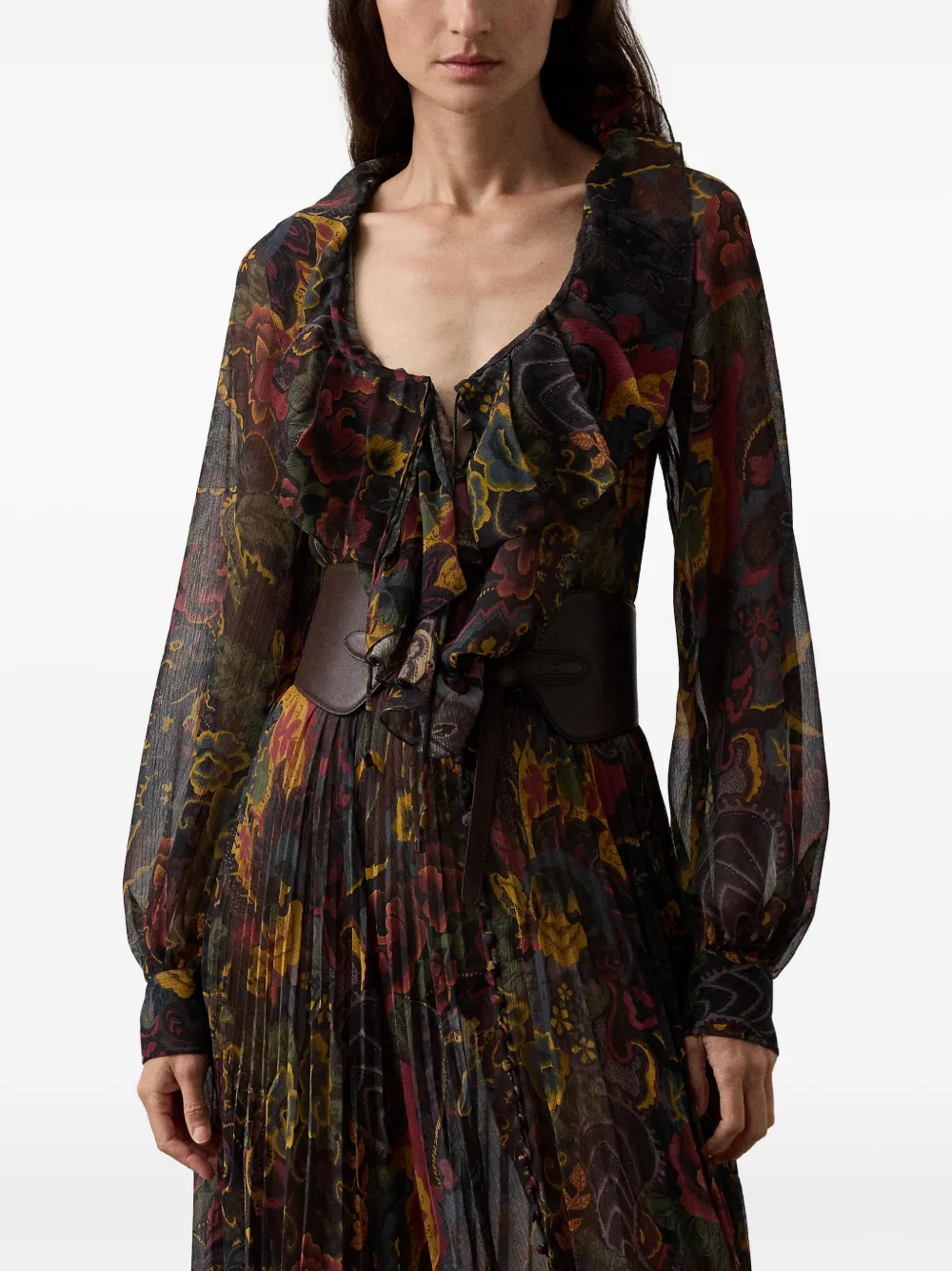 Ralph Lauren Collection Geplooide maxi-jurk met ruche hals Zwart