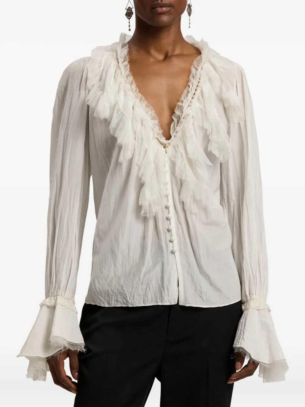 Ralph Lauren Kensley Ruffle-detail Bell-sleeve Blouse In Neutral