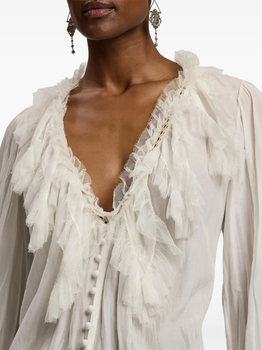 Ralph Lauren Kensley Ruffle-detail Bell-sleeve Blouse In Neutral