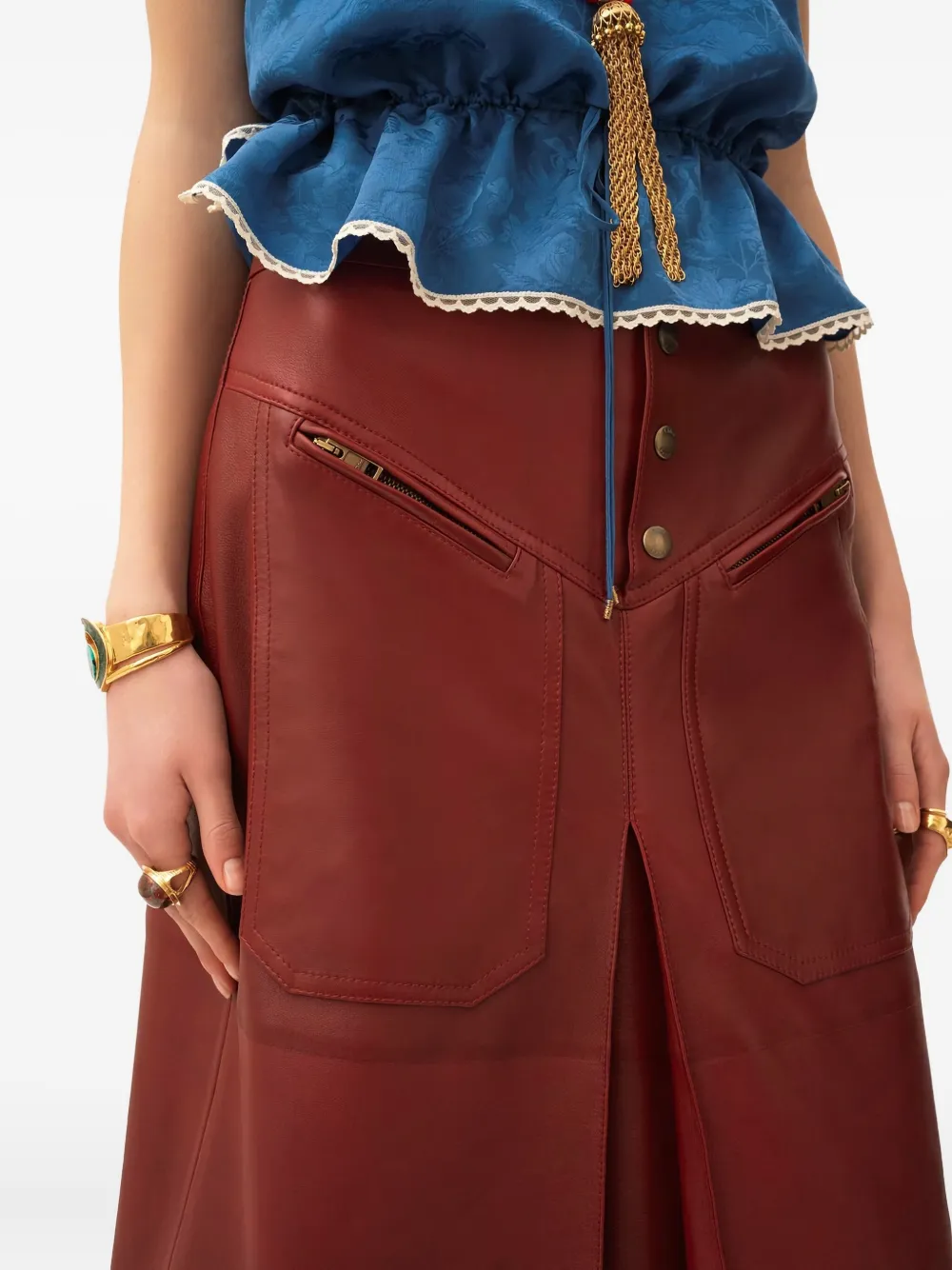 Chloé Pocketed Leather Midi Straight Skirt In Red