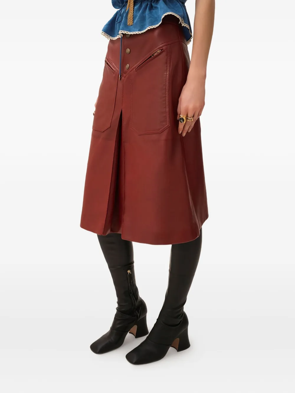 Chloé Pocketed Leather Midi Straight Skirt In Red