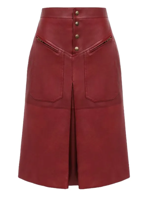 Chloé Pocketed Leather Midi Straight Skirt in Red