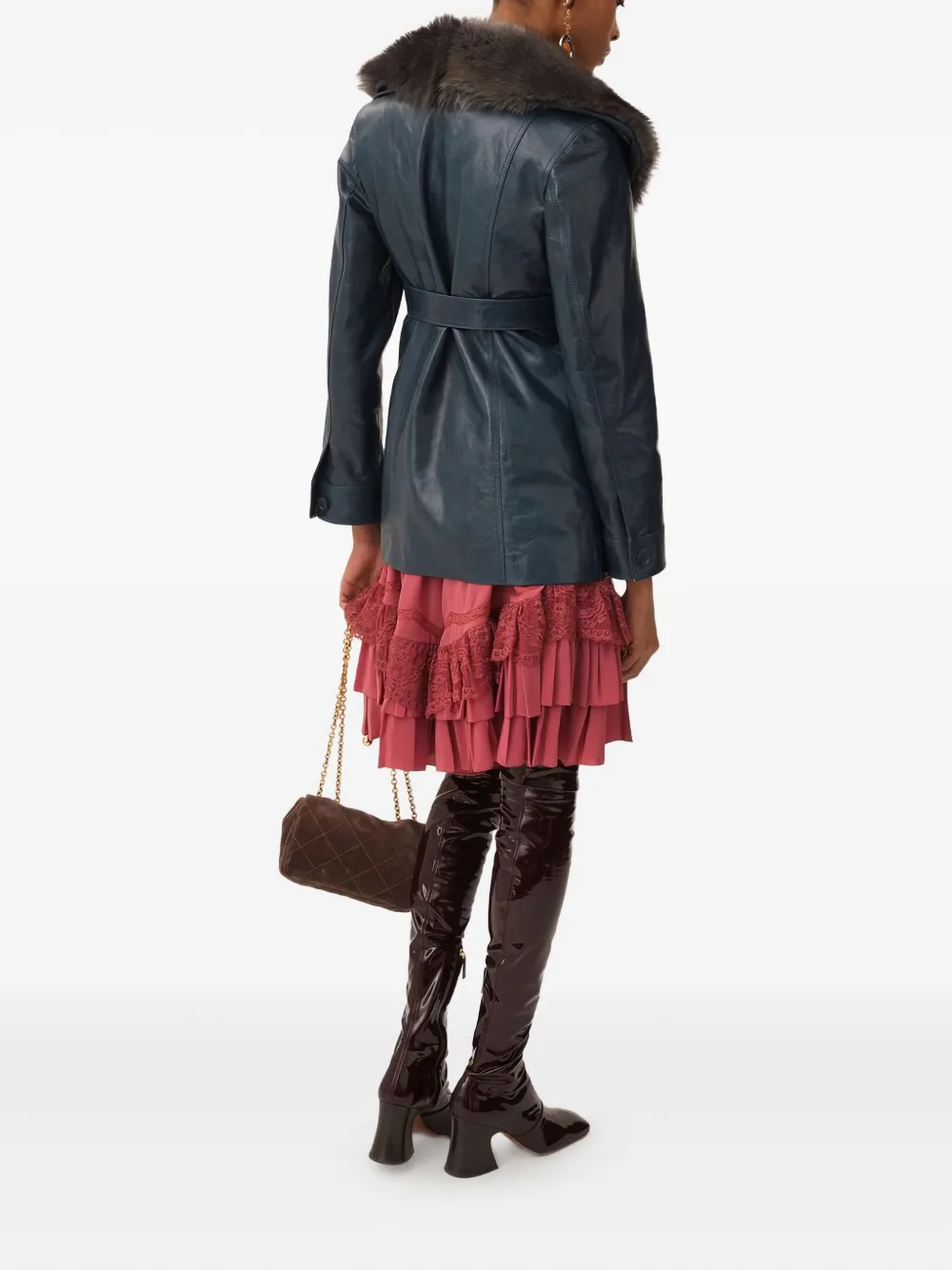 Chloé Leren jas met ceintuur en afwerking van bont 43D BLUE
