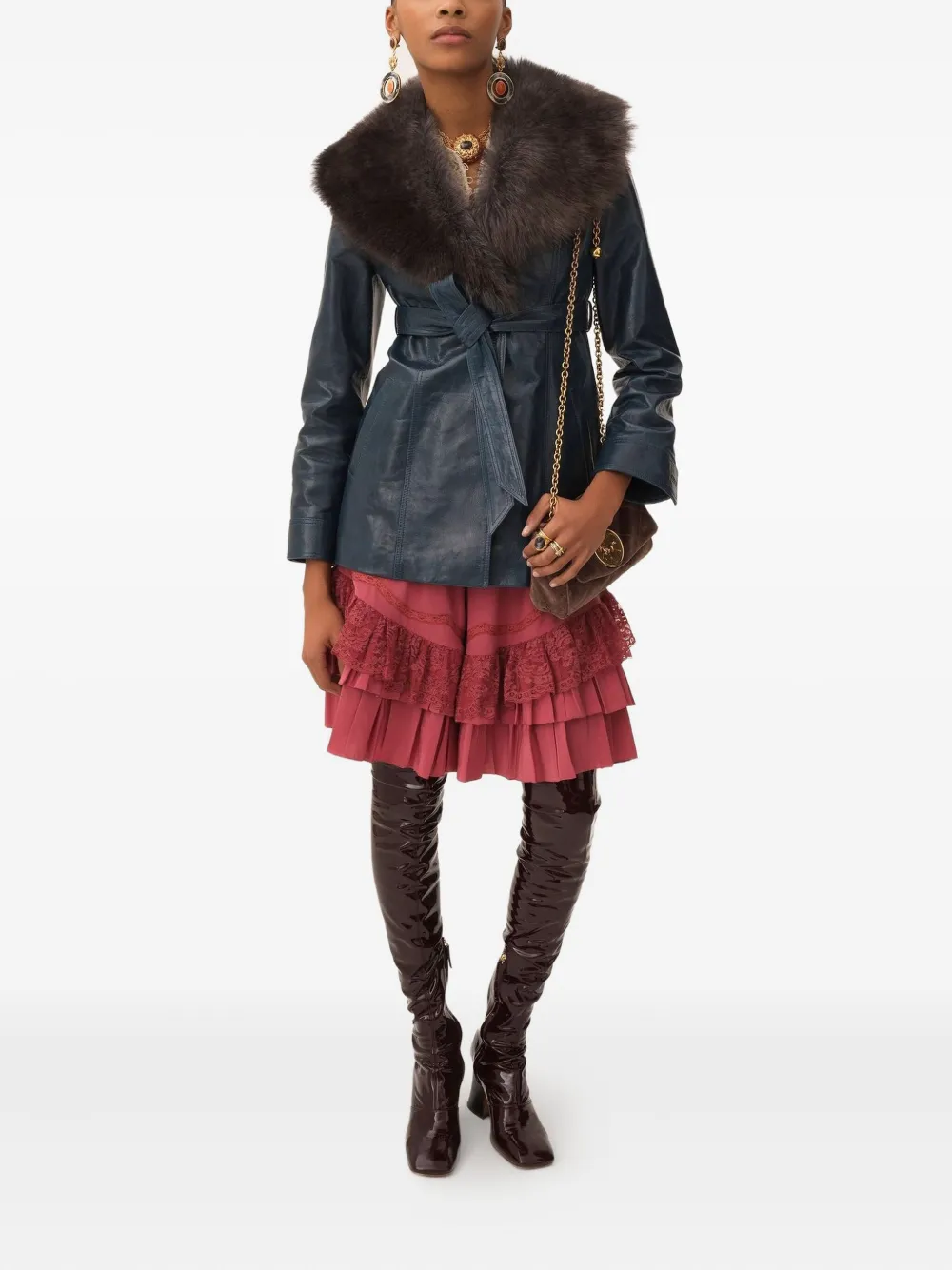 Chloé fur-trimmed belted leather coat - 43D BLUE