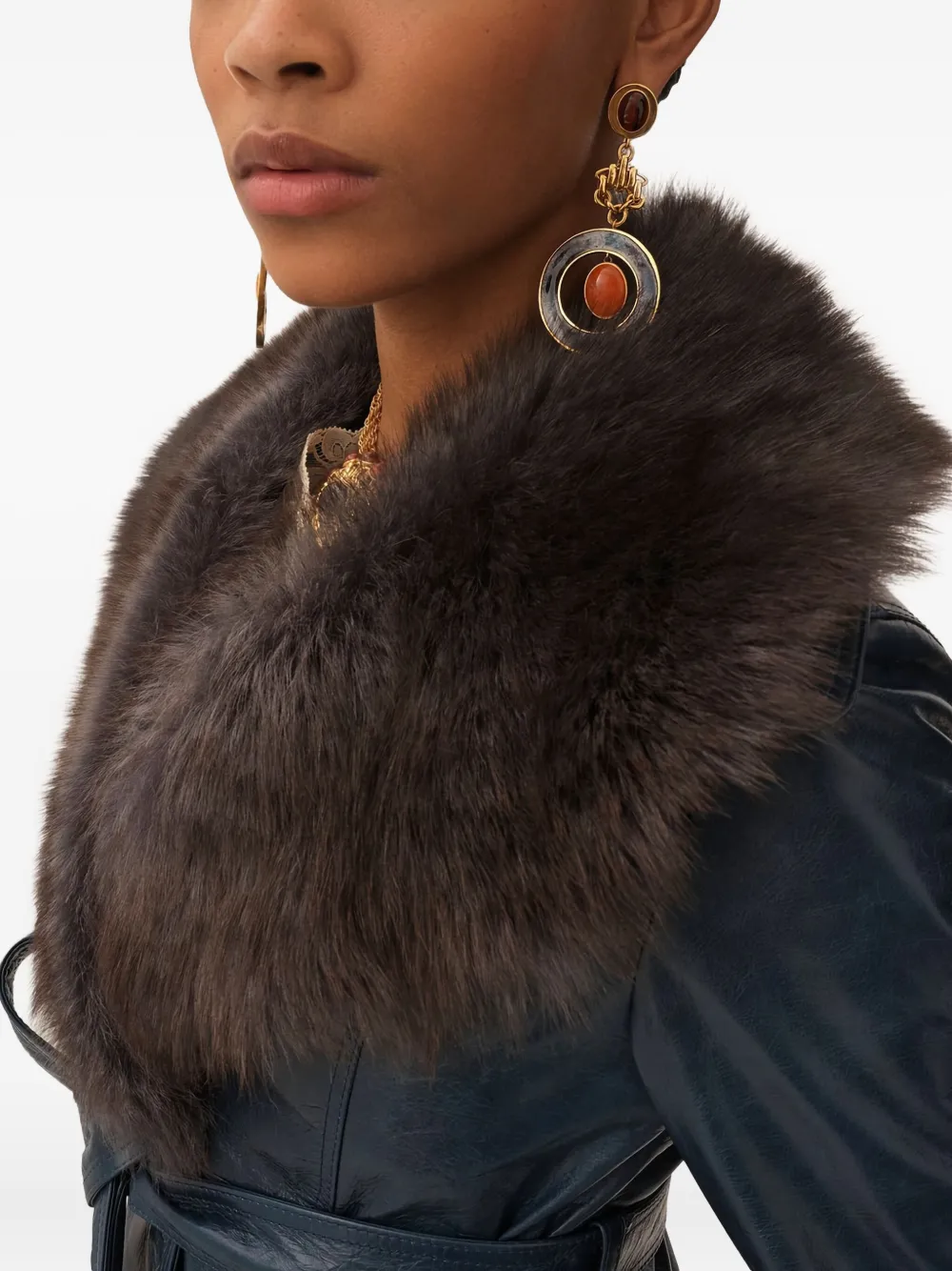 Chloé Leren jas met ceintuur en afwerking van bont 43D BLUE