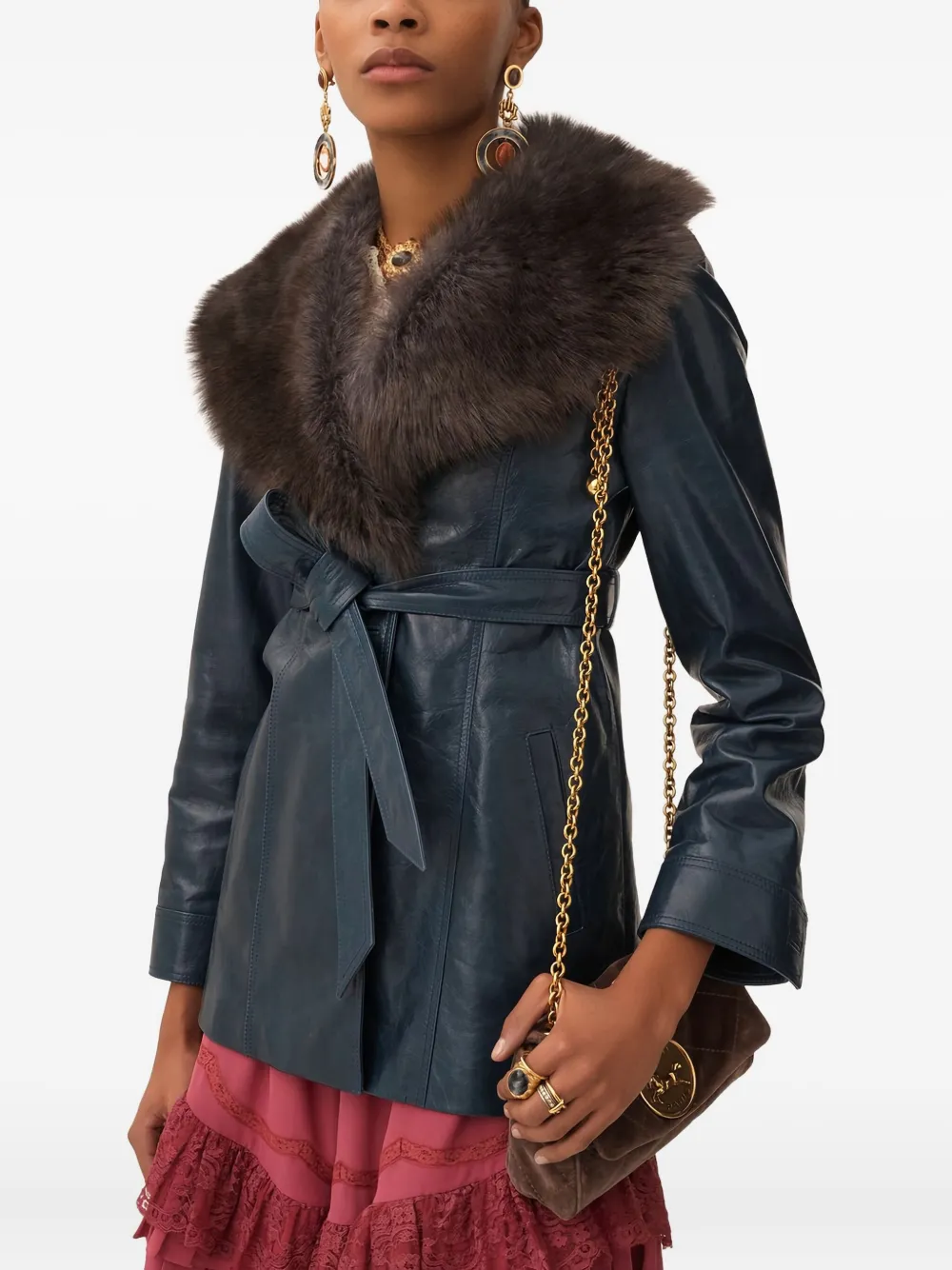 Chloé Leren jas met ceintuur en afwerking van bont 43D BLUE