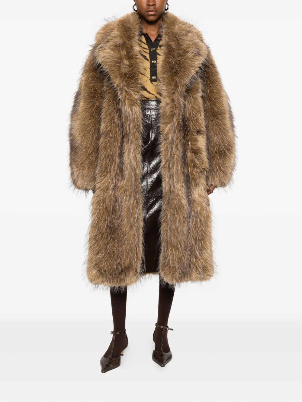 Ganni Notched-lapel Faux-fur Coat In Brown