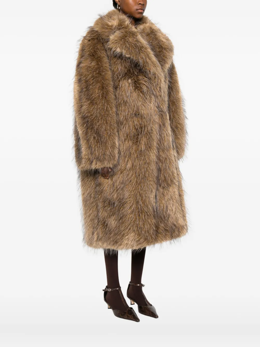 Ganni Notched-lapel Faux-fur Coat In Brown