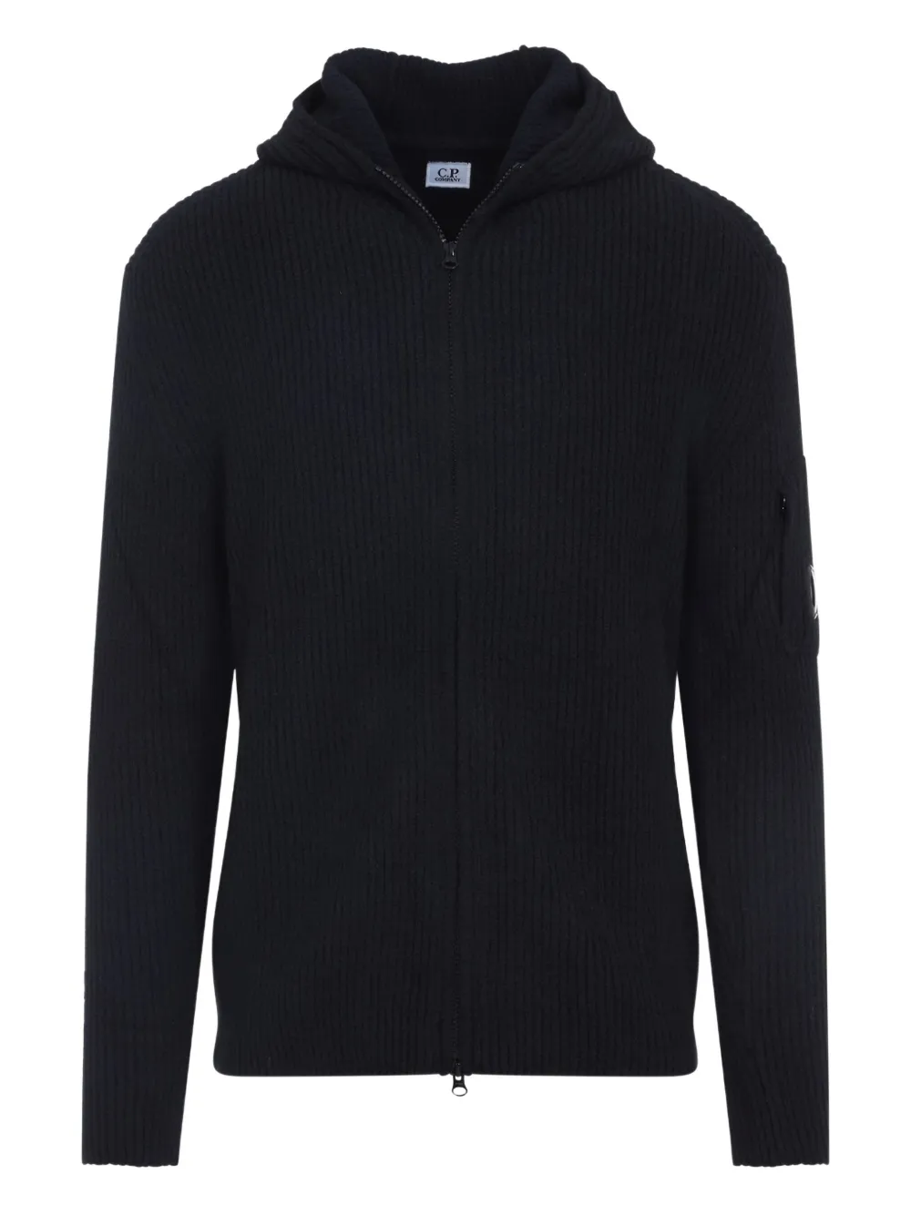 C.p. Company Signature Lens Ribbed Knit Cardigan With Hood In Blue