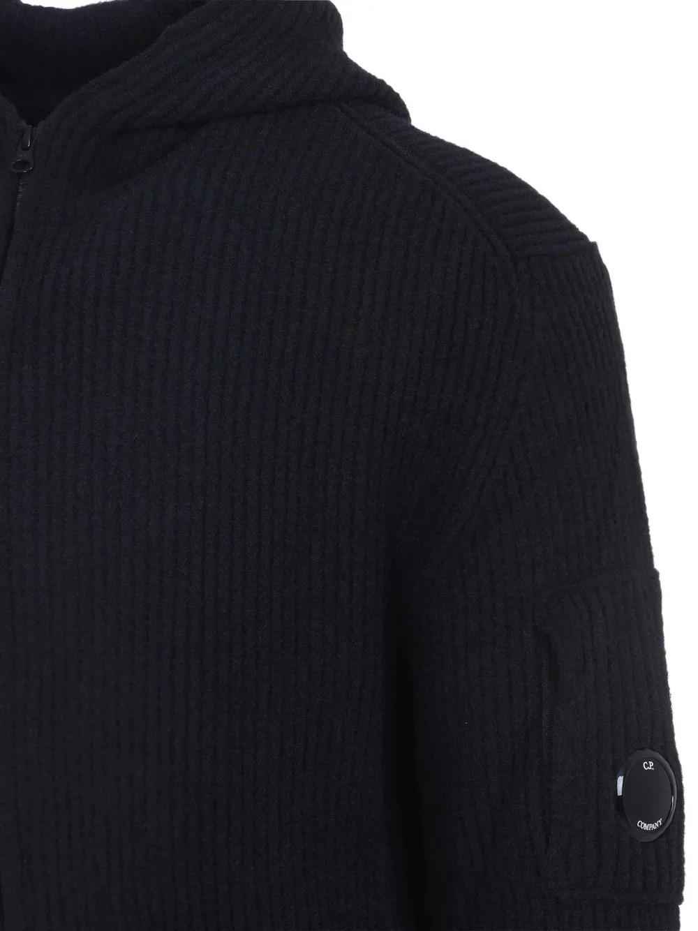 C.p. Company Signature Lens Ribbed Knit Cardigan With Hood In Blue