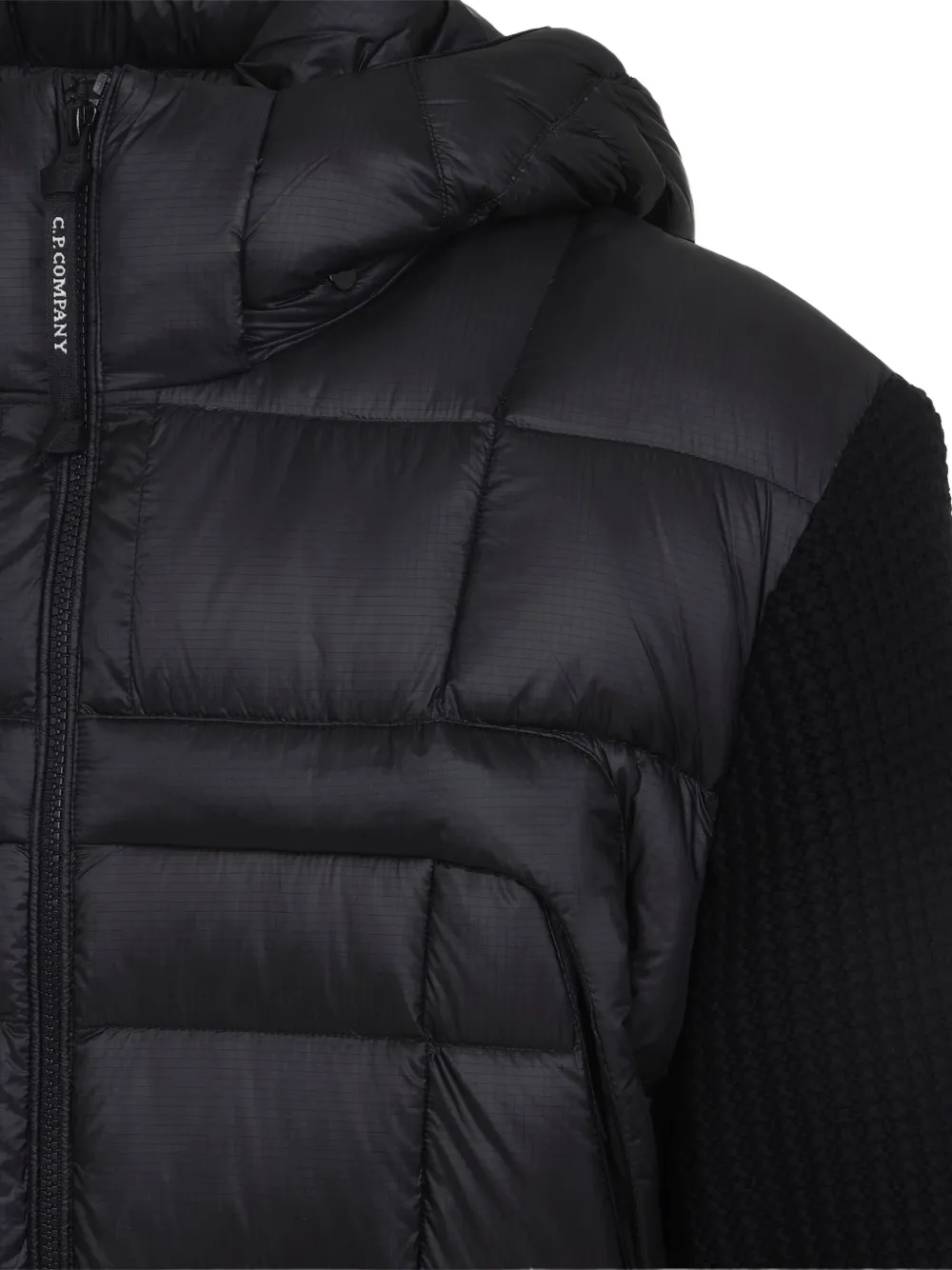 C.p. Company Black Wool Knit Jacket With Padded Hood In Black