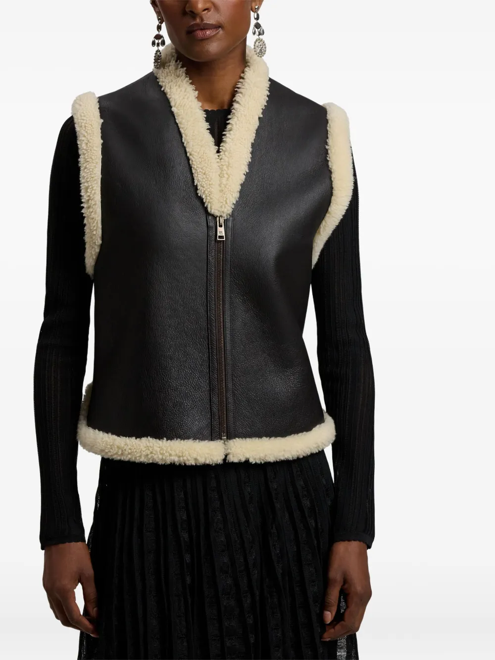 Ralph Lauren Shearling-trim Leather Vest In Brown