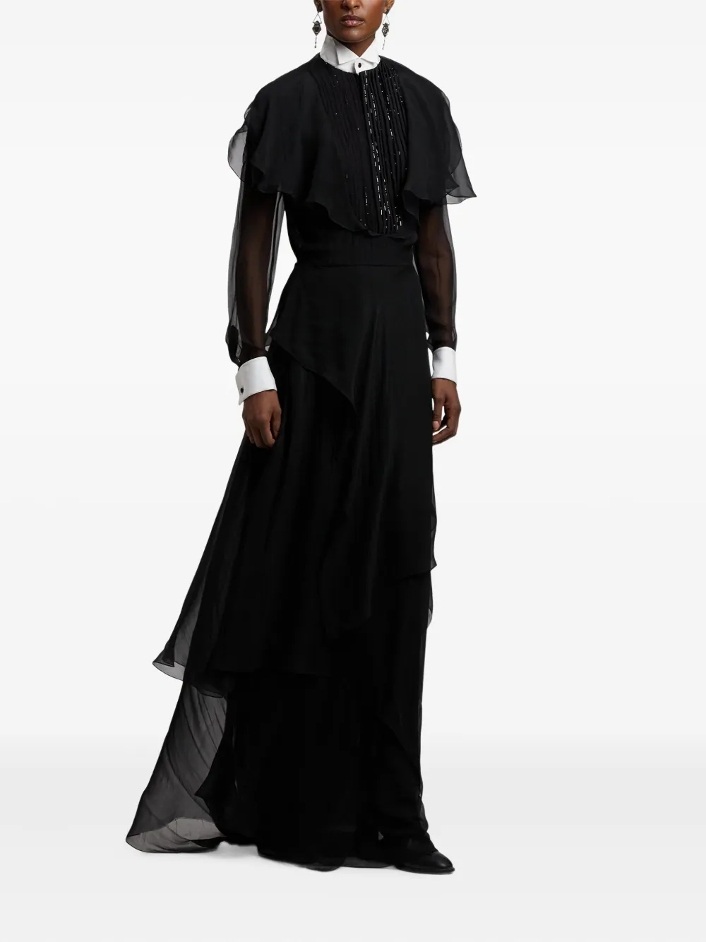Ralph Lauren Beaded-pleated Silk Maxi Gown In Black