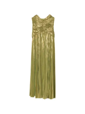 alexis gold joya dress Pliss Maxi in Metallic The dress is composed of 82% VISCOSE and 18% LUREX with 100% POLYESTER lining. Alexis Soleil Dress