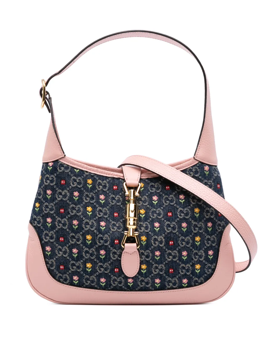 Pre-owned Gucci 2016-2025 Limited Edition Small Gg Embroidered Denim Floral Jackie 1961 Crossbody Bag In Blue
