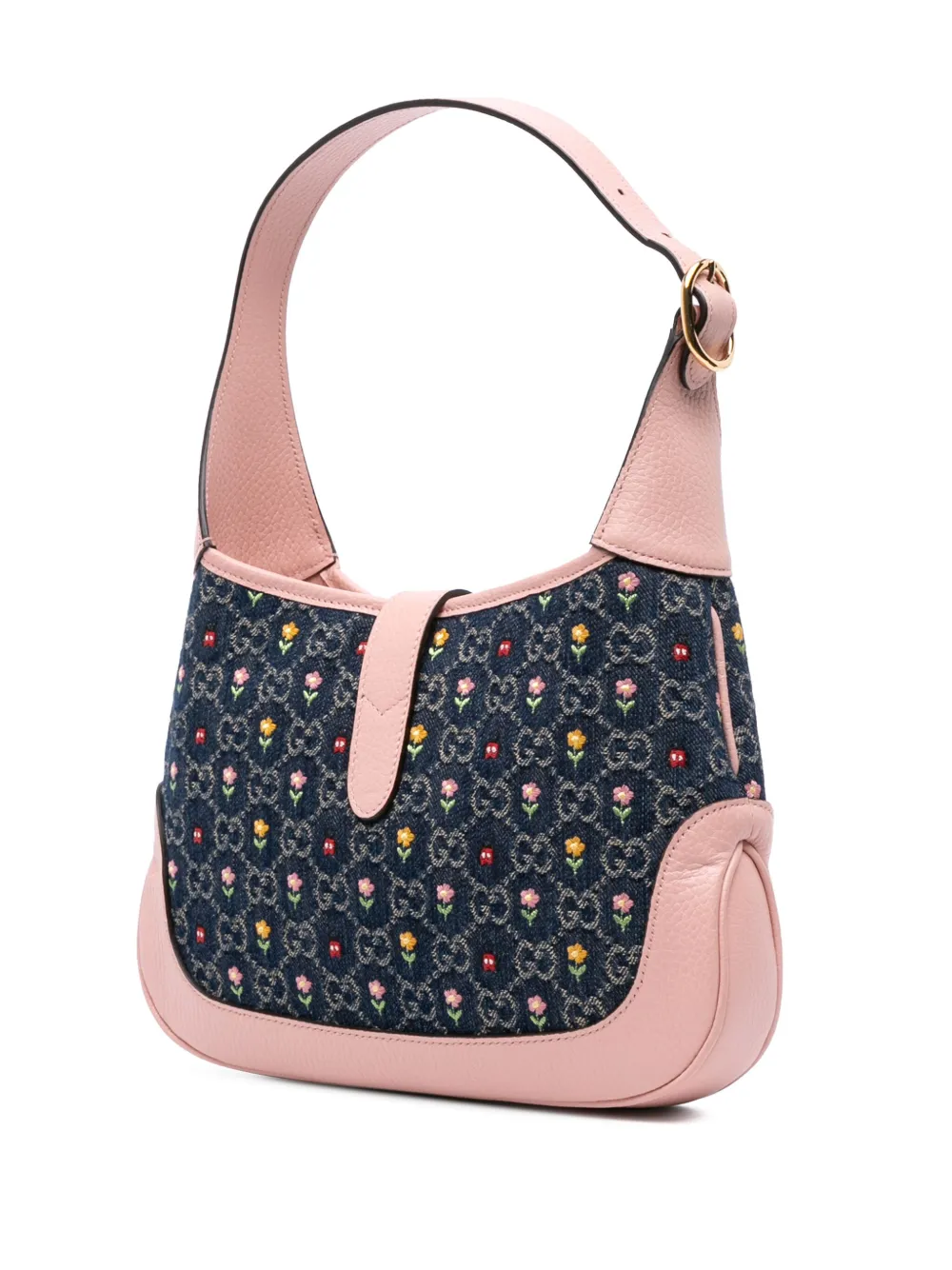 Pre-owned Gucci 2016-2025 Limited Edition Small Gg Embroidered Denim Floral Jackie 1961 Crossbody Bag In Blue