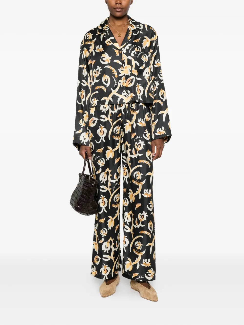 Nanushka Straight broek met elastische taille en bloemenprint - Zwart