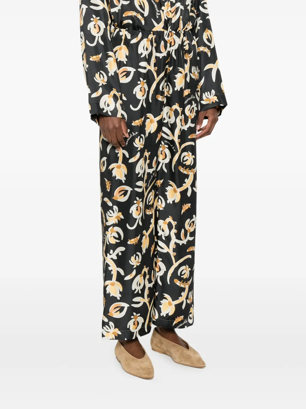 Nanushka Straight broek met elastische taille en bloemenprint Zwart