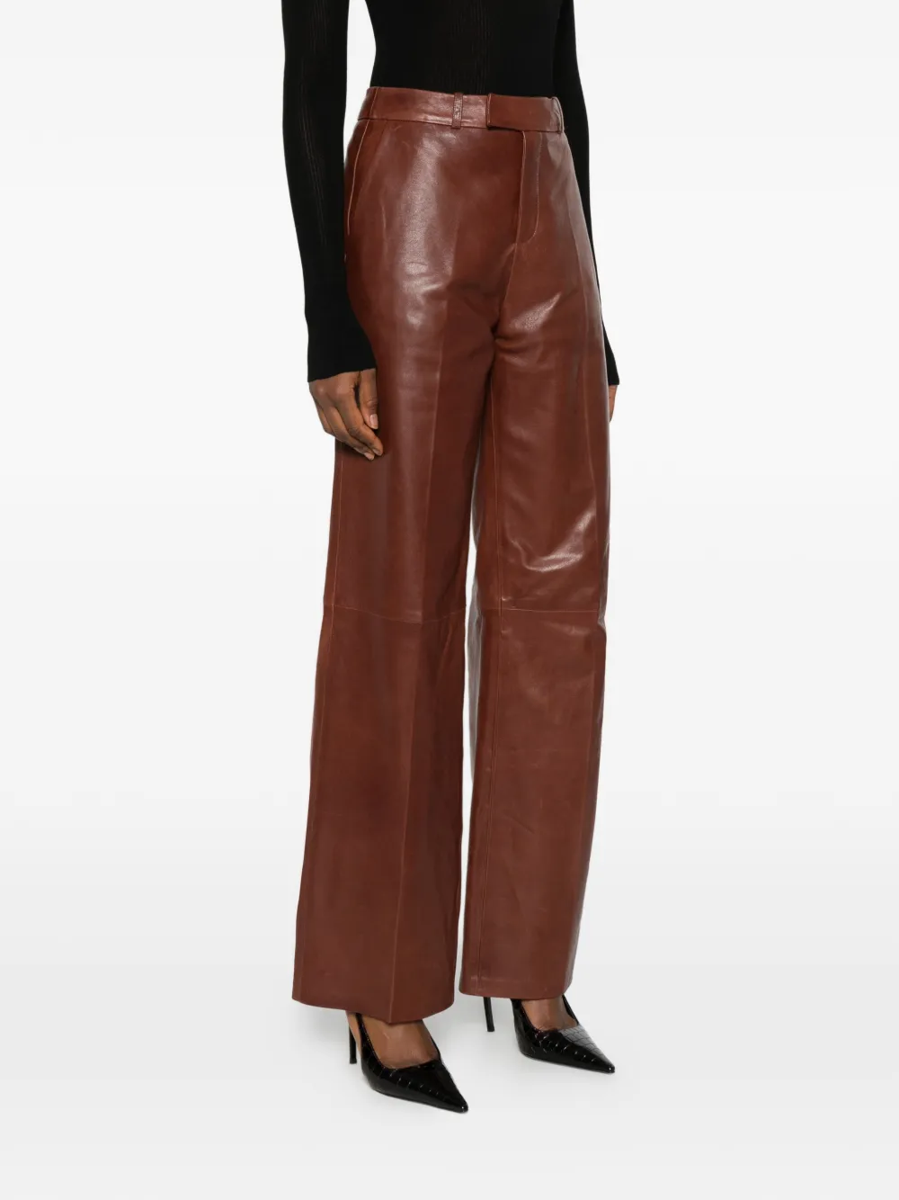 Arma Leather Straight-leg Trousers In Brown