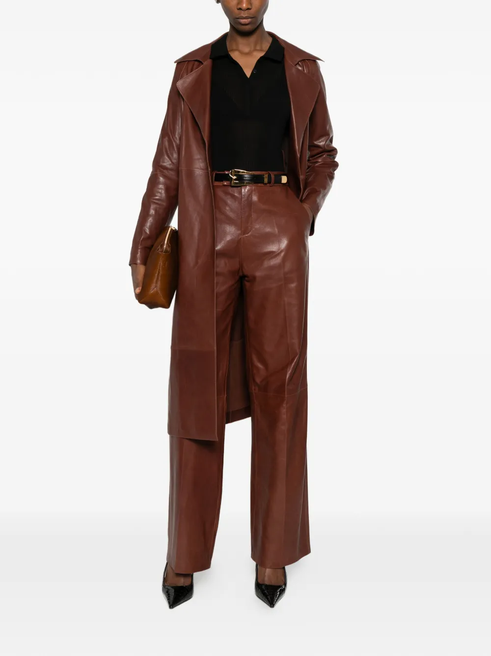 Arma Leather Straight-leg Trousers In Brown