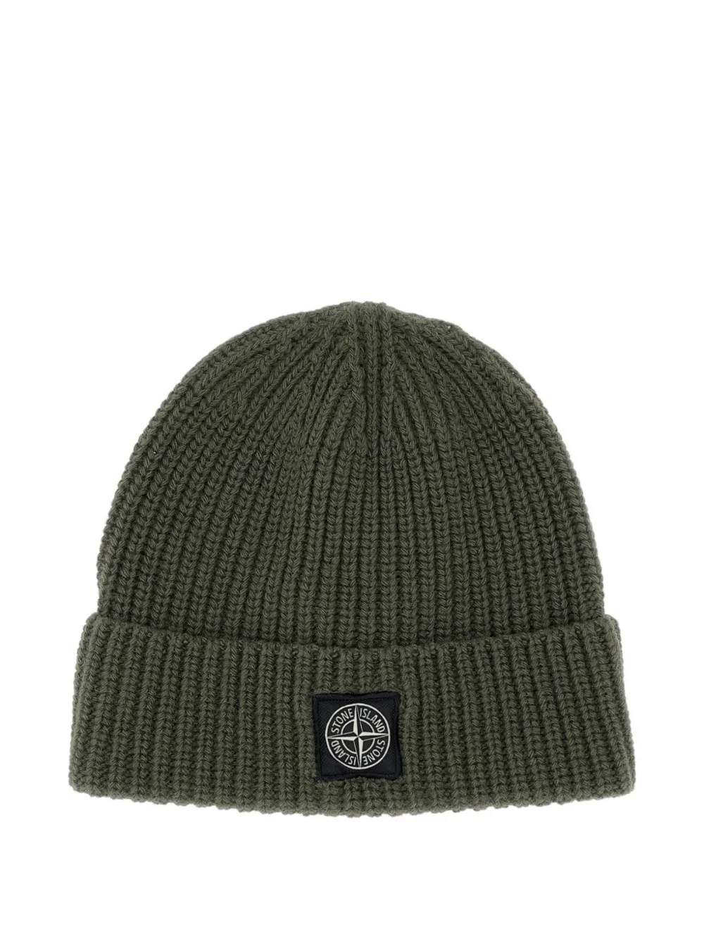 Stone Island Beanie With Compass Patch And Ribbed Cuff In Green