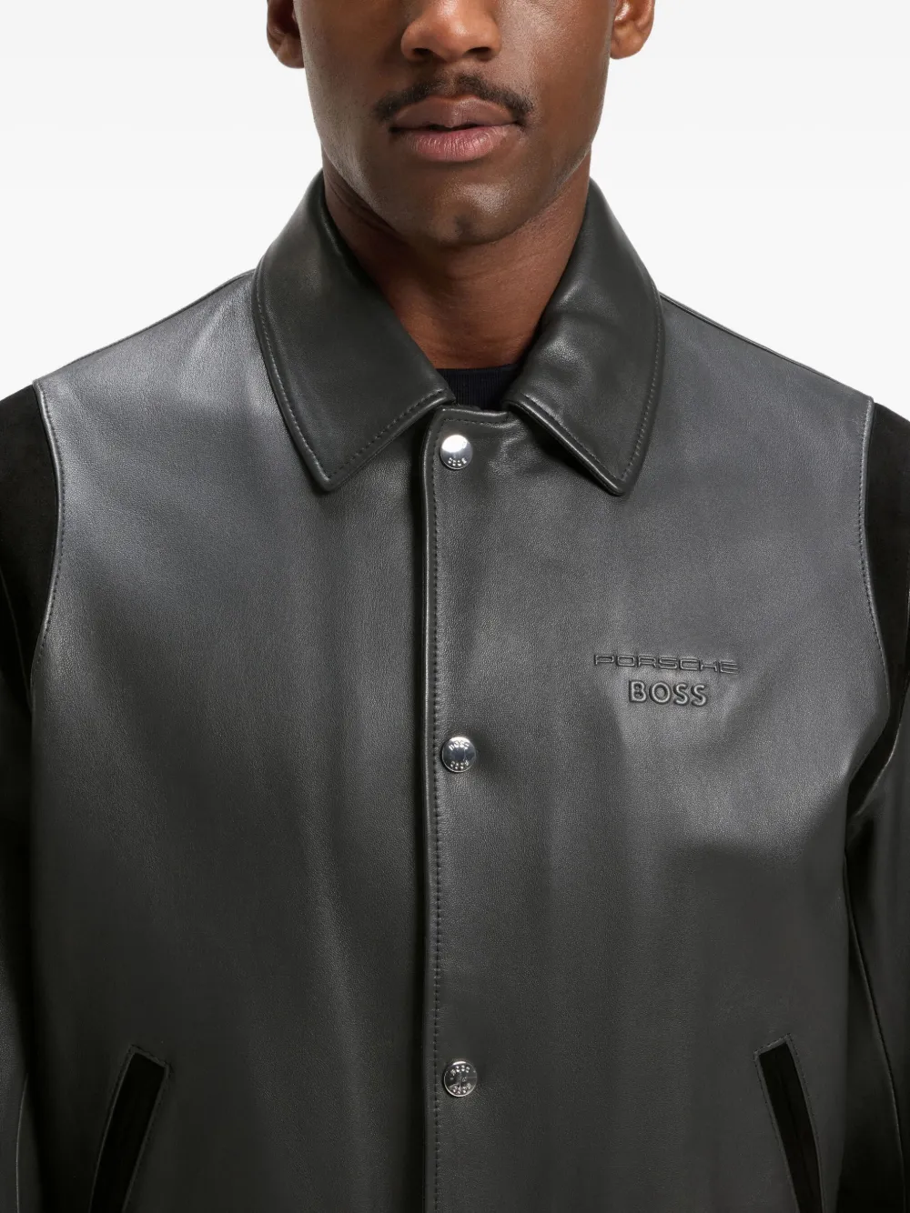 BOSS Leren bomberjack Grijs