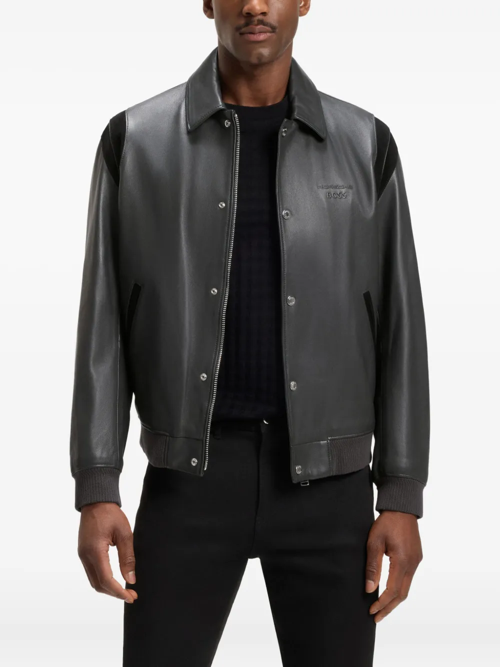 BOSS Leren bomberjack Grijs