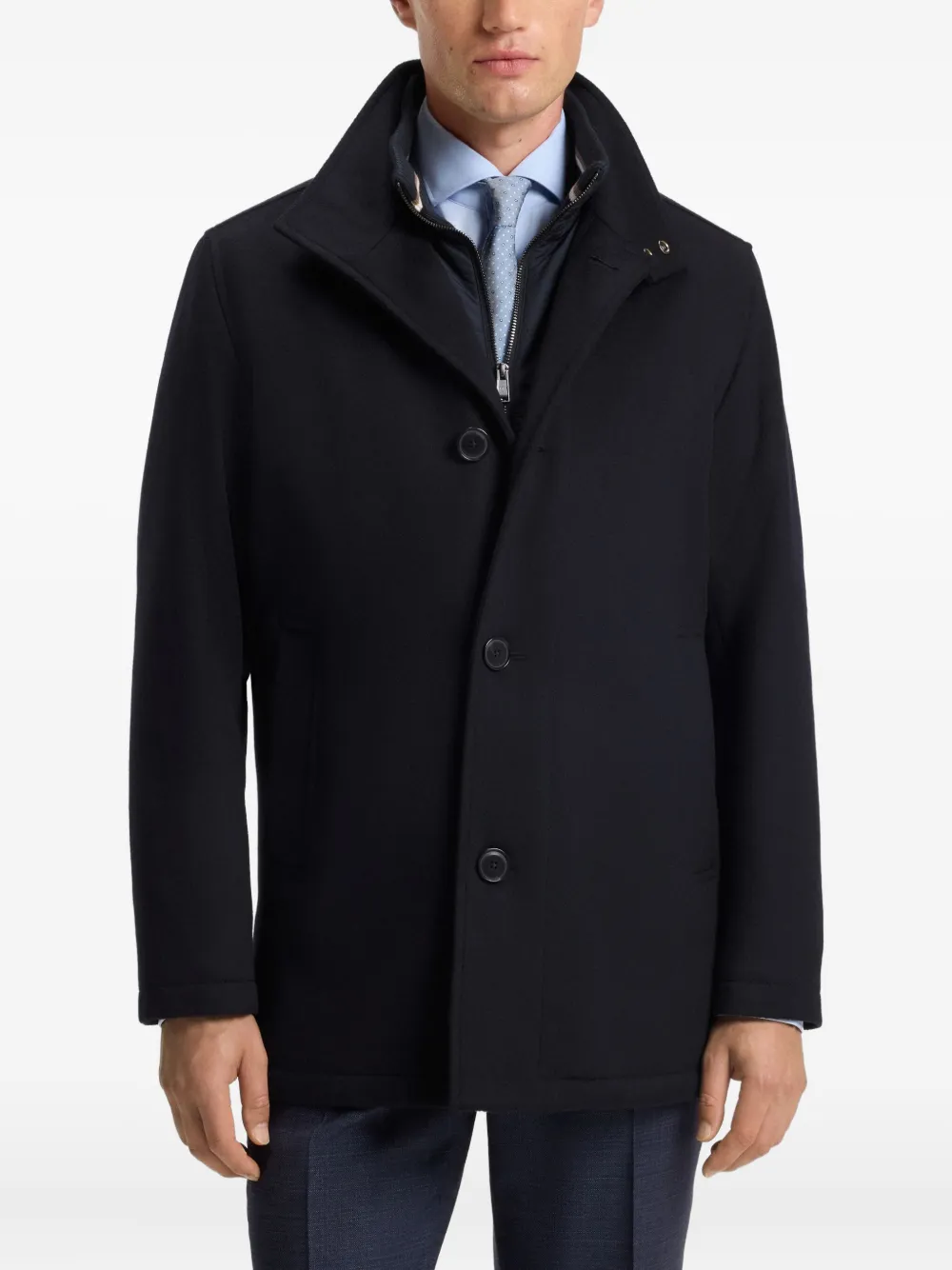 BOSS Jas met enkele rij knopen en hoge hals Blauw