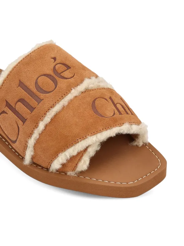 Chloé Woody logo-embellished Shearling Sandals Brown FARFETCH LB