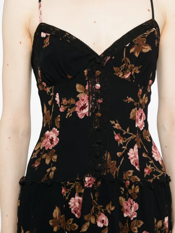 reformation black floral dress REFORMATION Black & Ivory Rose Print Mini Dress Sz0 UK 4  Reliked