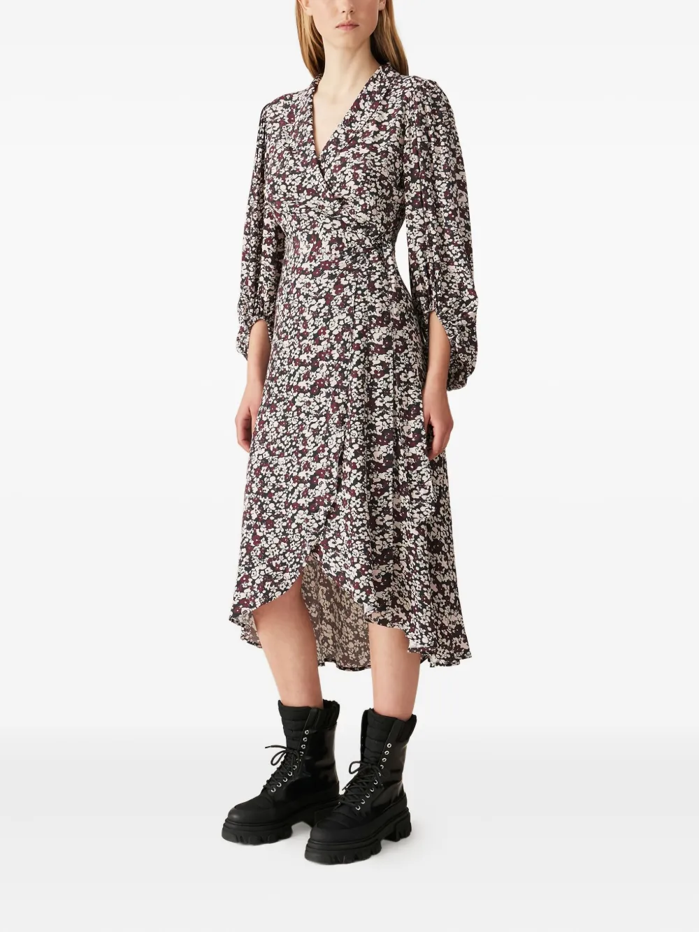 GANNI floral-print wrap midi dress - Rood