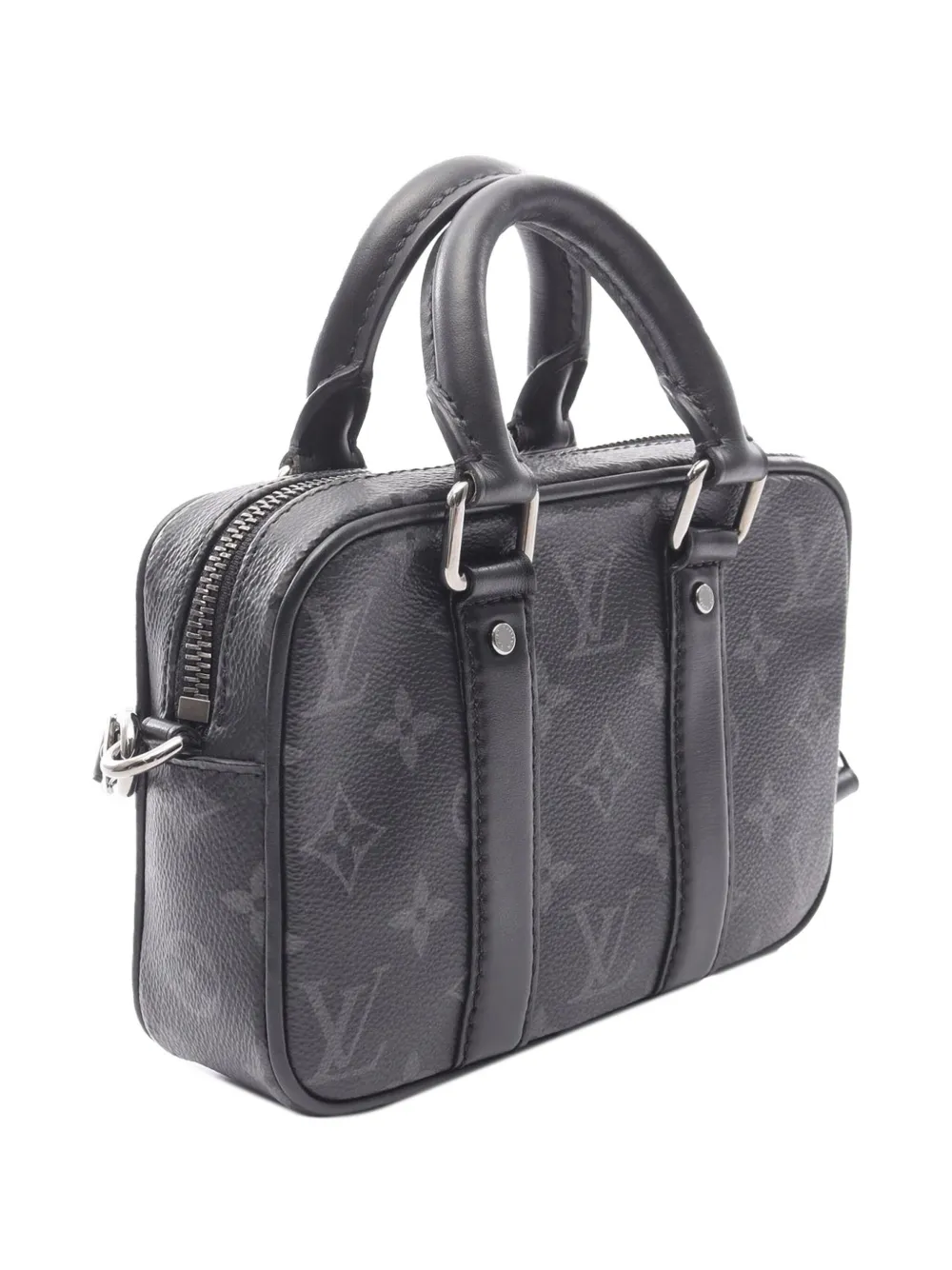 Pre-owned Louis Vuitton 2021-2025 Nano Monogram Eclipse Porte Documents Voyage Satchel In Black
