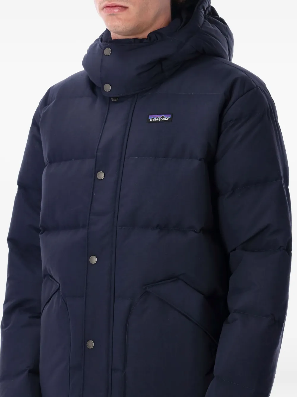 Patagonia Quilted Padded Jacket With High Collar And Hood In Blue