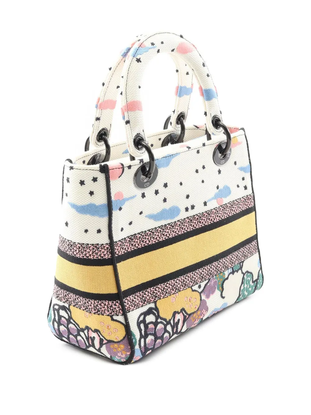 Pre-owned Dior 2021-2025 Medium Canvas Embroidered Ciel De Reve Lady D Lite Satchel In White