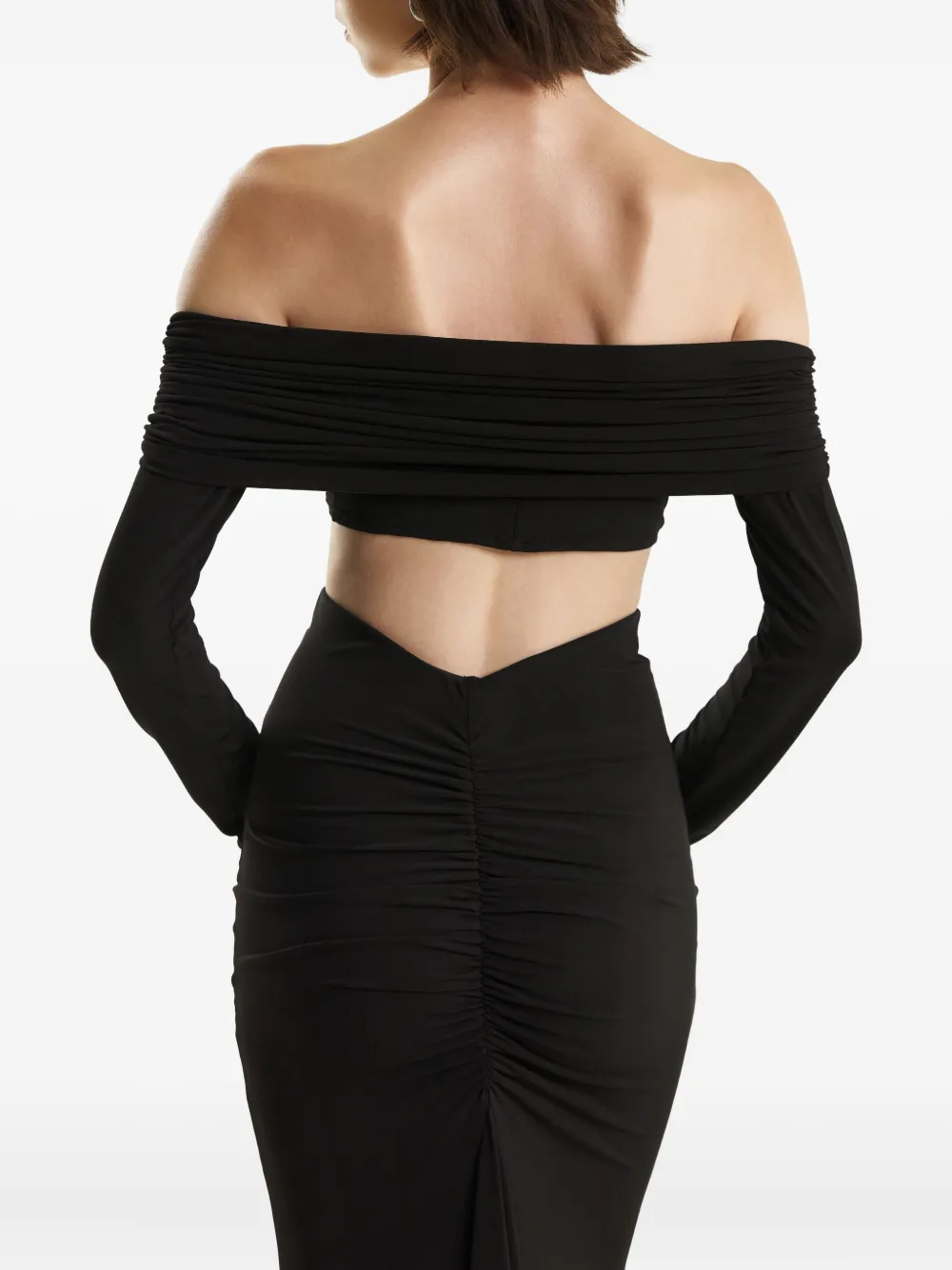 2310 Studio Off-shoulder Draped Top Fishtail Maxi Skirt Set In Black
