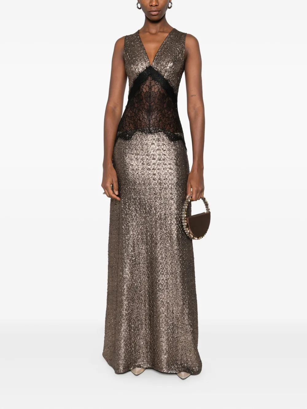 MIAU by Clara Rotescu Sokar lace-insert glitter maxi dress - Goud