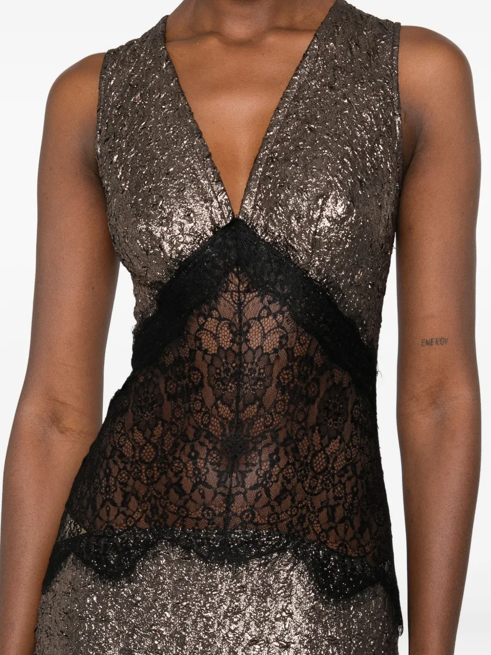 MIAU by Clara Rotescu Sokar maxi-jurk met kanten vlakken en glitters Goud